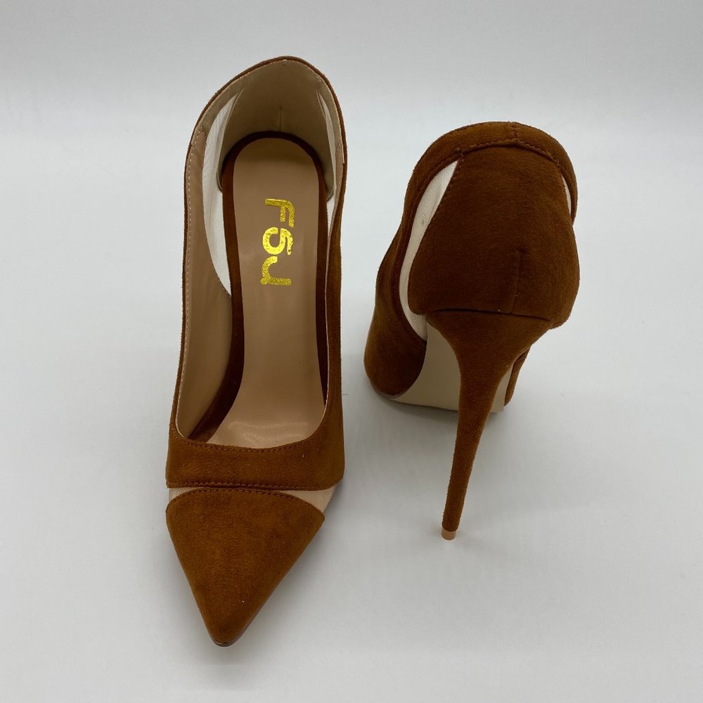 FSJ Brown Mesh High Heel Pointed Toe Pump - Picture 2 of 11